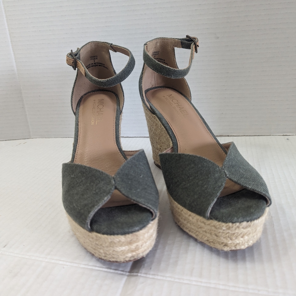Michael by Michael Shannon Denim Jute Espadrille Wedge Platform Green Sandal 7US